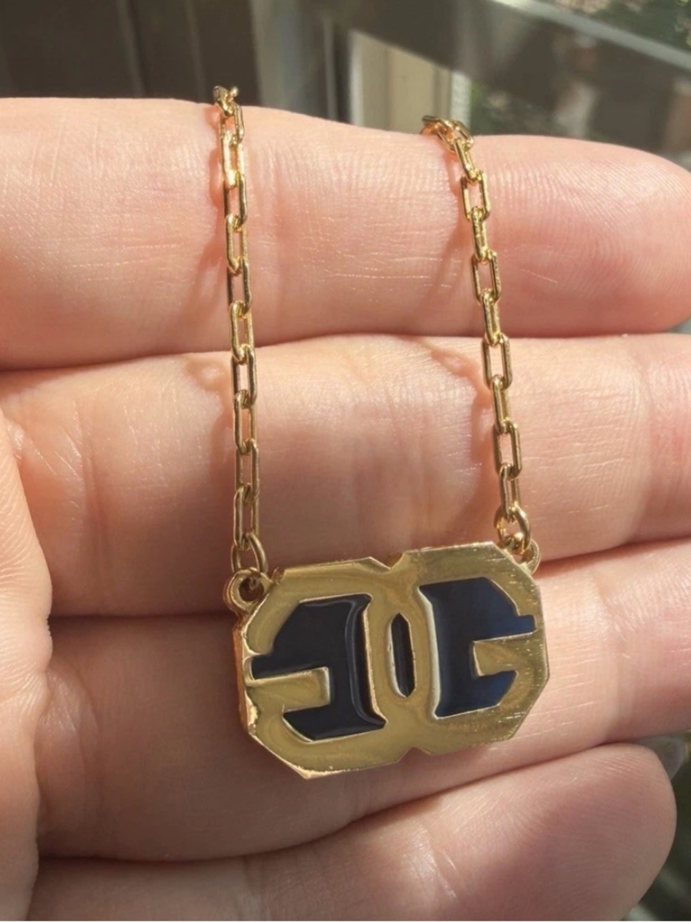 GIVENCHY Gold 1977 Pendant Necklace Navy Enamel Inset GP Logo Double G Vintage